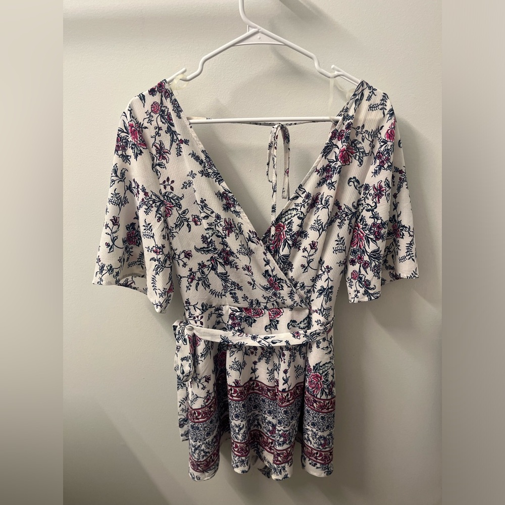 miami White Floral Wrap Romper with Pink and Navy Print
